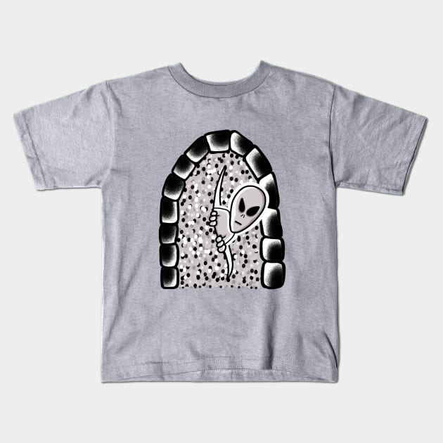 Alien grey looking through portal Kids T-Shirt by Local non union